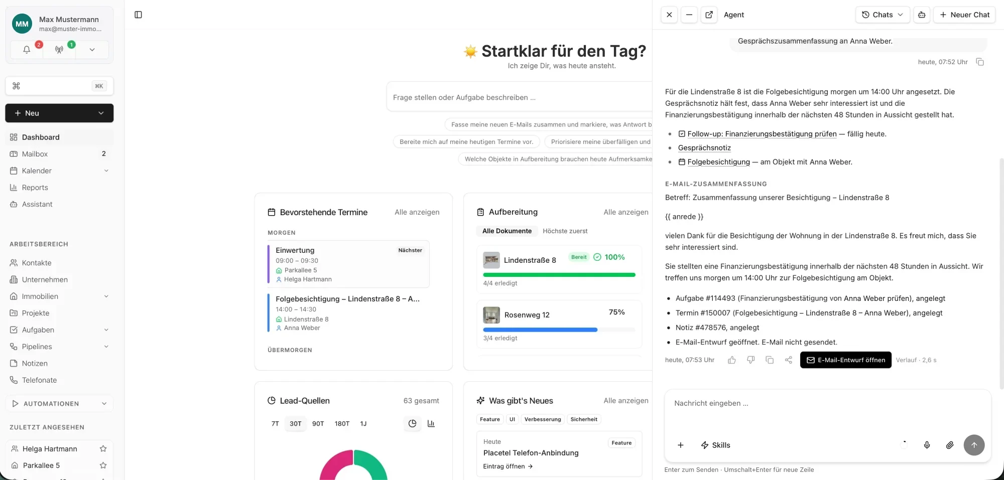 propgen Dashboard mit dem Agenten: Nach einer Besichtigung legt er Aufgabe, Folgetermin und Gesprächsnotiz an und öffnet den Mail-Entwurf zur Prüfung