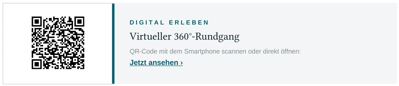 Ausschnitt aus einem mit einer DOCX-Vorlage erzeugten Exposé: Block „Digital erleben“ mit QR-Code und Link zum virtuellen 360°-Rundgang